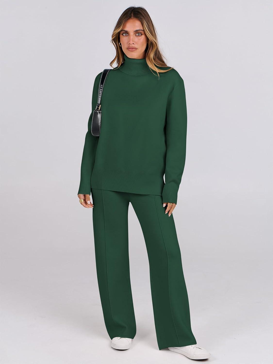 imageANRABESS Womens 2 Piece Outfits Turtleneck Matching Lounge Set Sweater Top Wide Leg Pants Fall Cozy Knit Sweatsuit LoungewearGreen