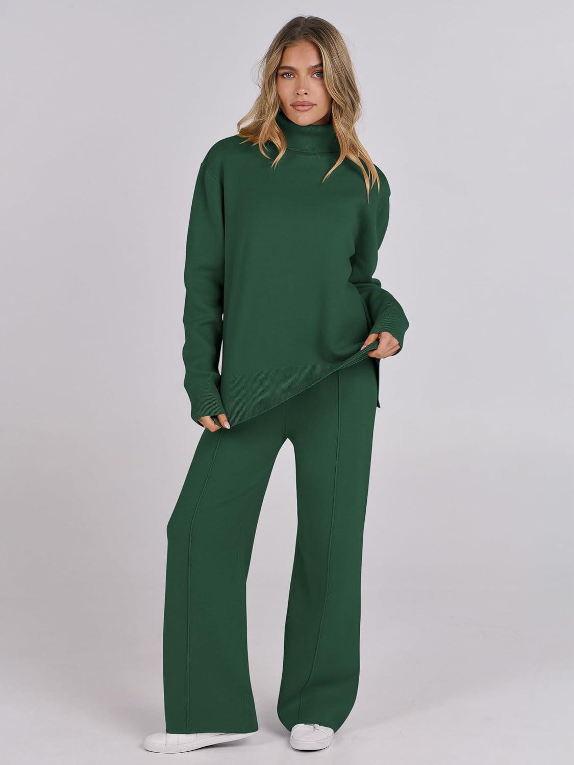 imageANRABESS Womens 2 Piece Outfits Turtleneck Matching Lounge Set Sweater Top Wide Leg Pants Fall Cozy Knit Sweatsuit LoungewearGreen