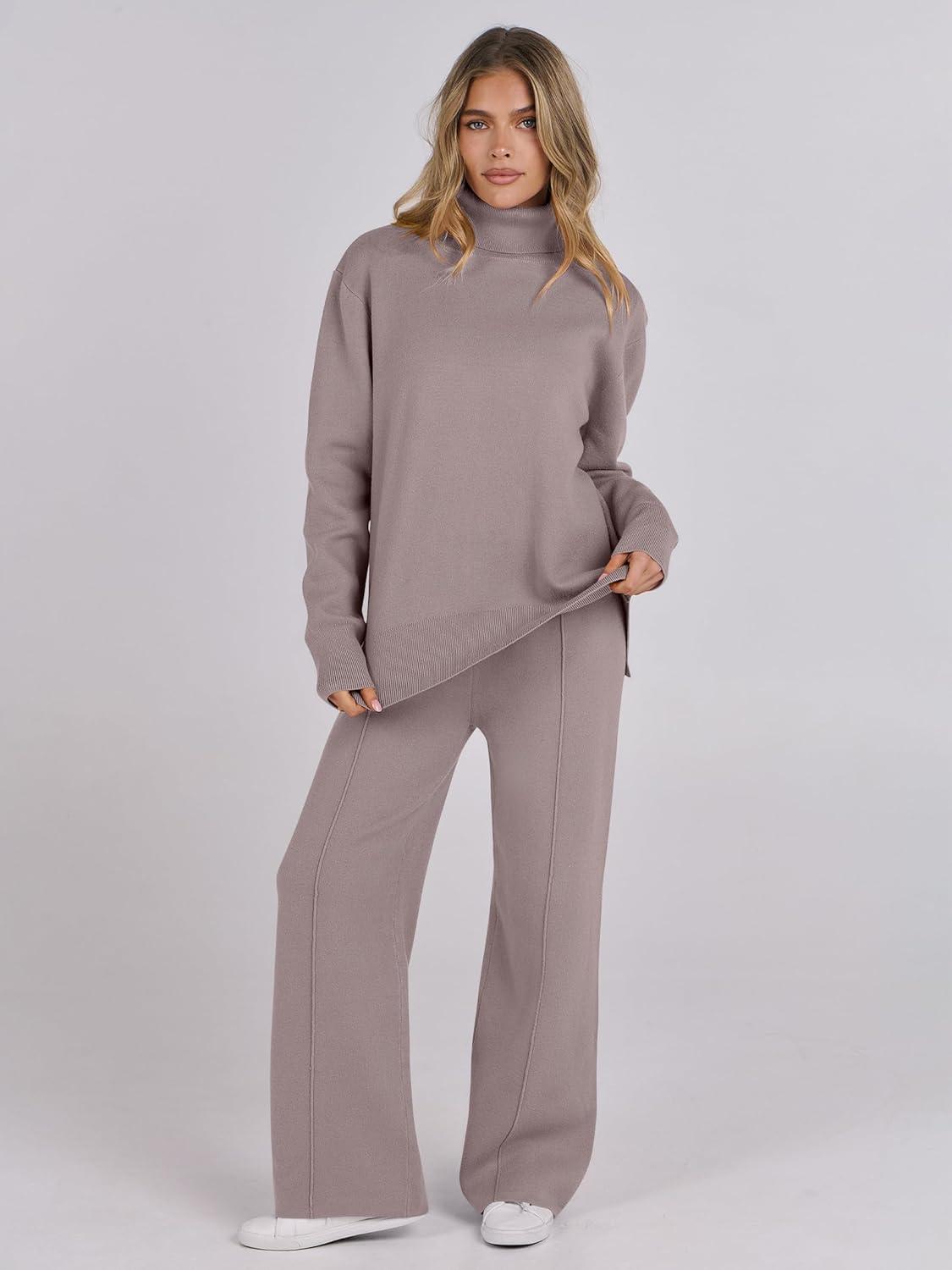 imageANRABESS Womens 2 Piece Outfits Turtleneck Matching Lounge Set Sweater Top Wide Leg Pants Fall Cozy Knit Sweatsuit LoungewearKhaki