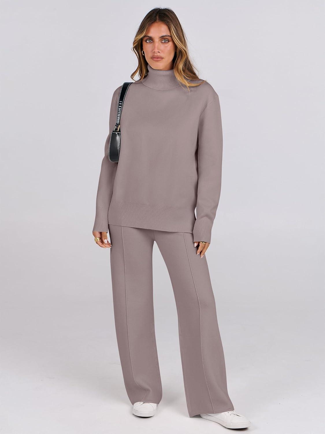 imageANRABESS Womens 2 Piece Outfits Turtleneck Matching Lounge Set Sweater Top Wide Leg Pants Fall Cozy Knit Sweatsuit LoungewearKhaki