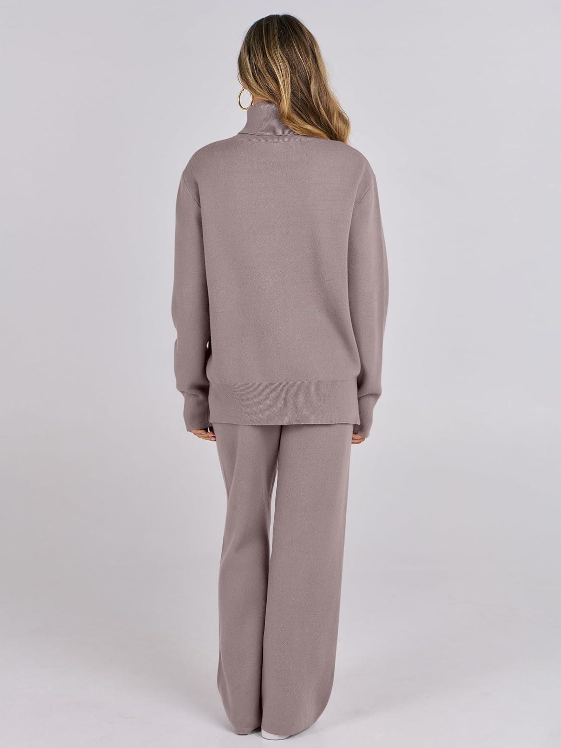 imageANRABESS Womens 2 Piece Outfits Turtleneck Matching Lounge Set Sweater Top Wide Leg Pants Fall Cozy Knit Sweatsuit LoungewearKhaki