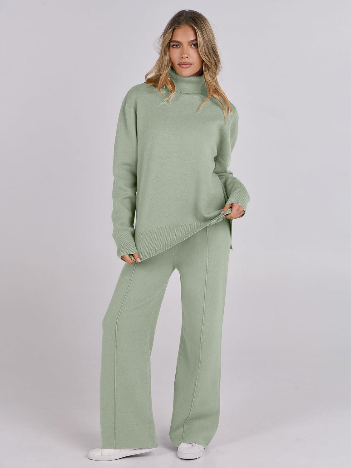imageANRABESS Womens 2 Piece Outfits Turtleneck Matching Lounge Set Sweater Top Wide Leg Pants Fall Cozy Knit Sweatsuit LoungewearLight Green