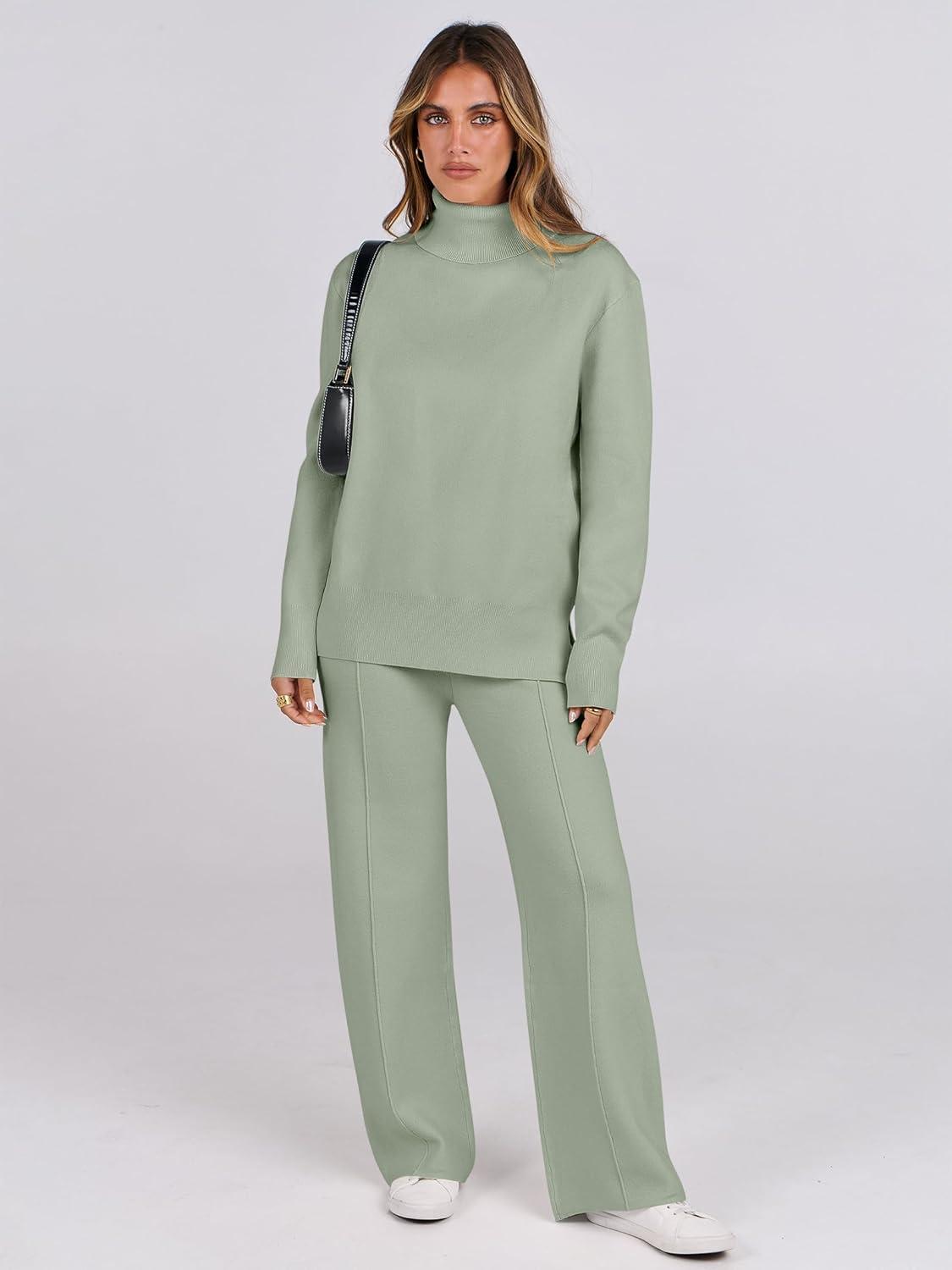 imageANRABESS Womens 2 Piece Outfits Turtleneck Matching Lounge Set Sweater Top Wide Leg Pants Fall Cozy Knit Sweatsuit LoungewearLight Green