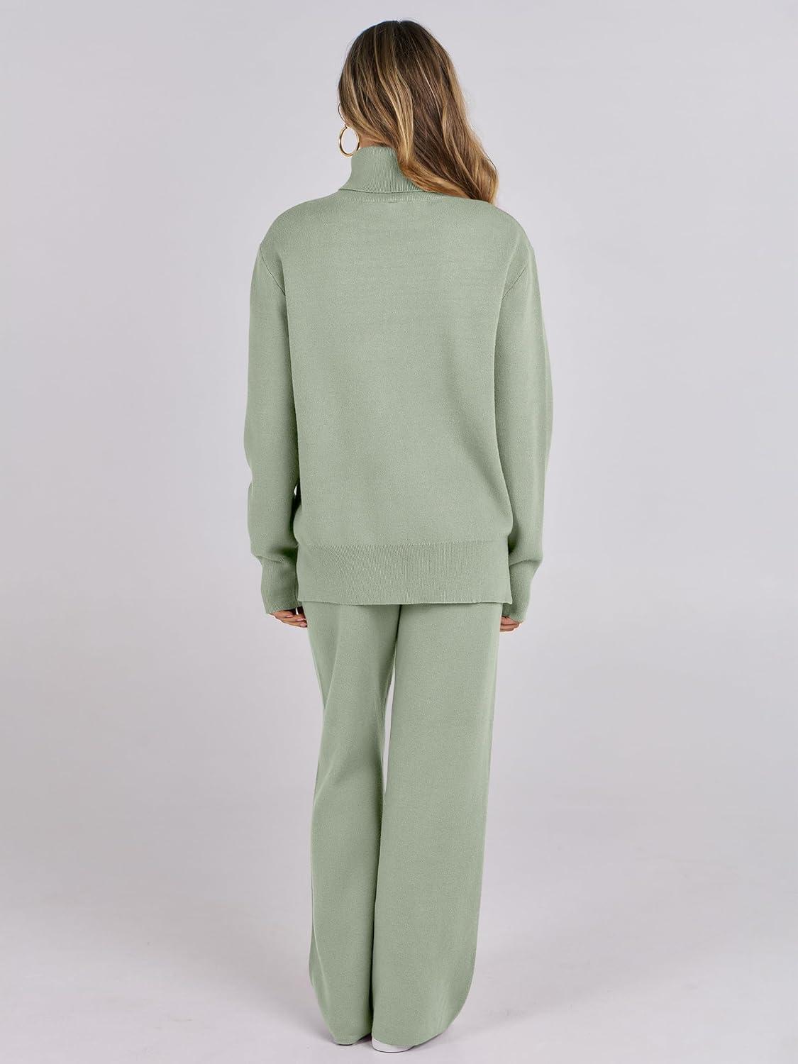 imageANRABESS Womens 2 Piece Outfits Turtleneck Matching Lounge Set Sweater Top Wide Leg Pants Fall Cozy Knit Sweatsuit LoungewearLight Green