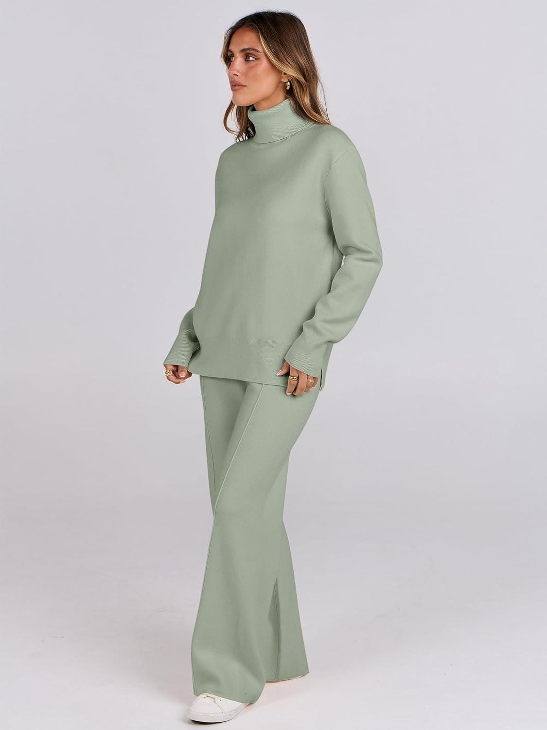 imageANRABESS Womens 2 Piece Outfits Turtleneck Matching Lounge Set Sweater Top Wide Leg Pants Fall Cozy Knit Sweatsuit LoungewearLight Green