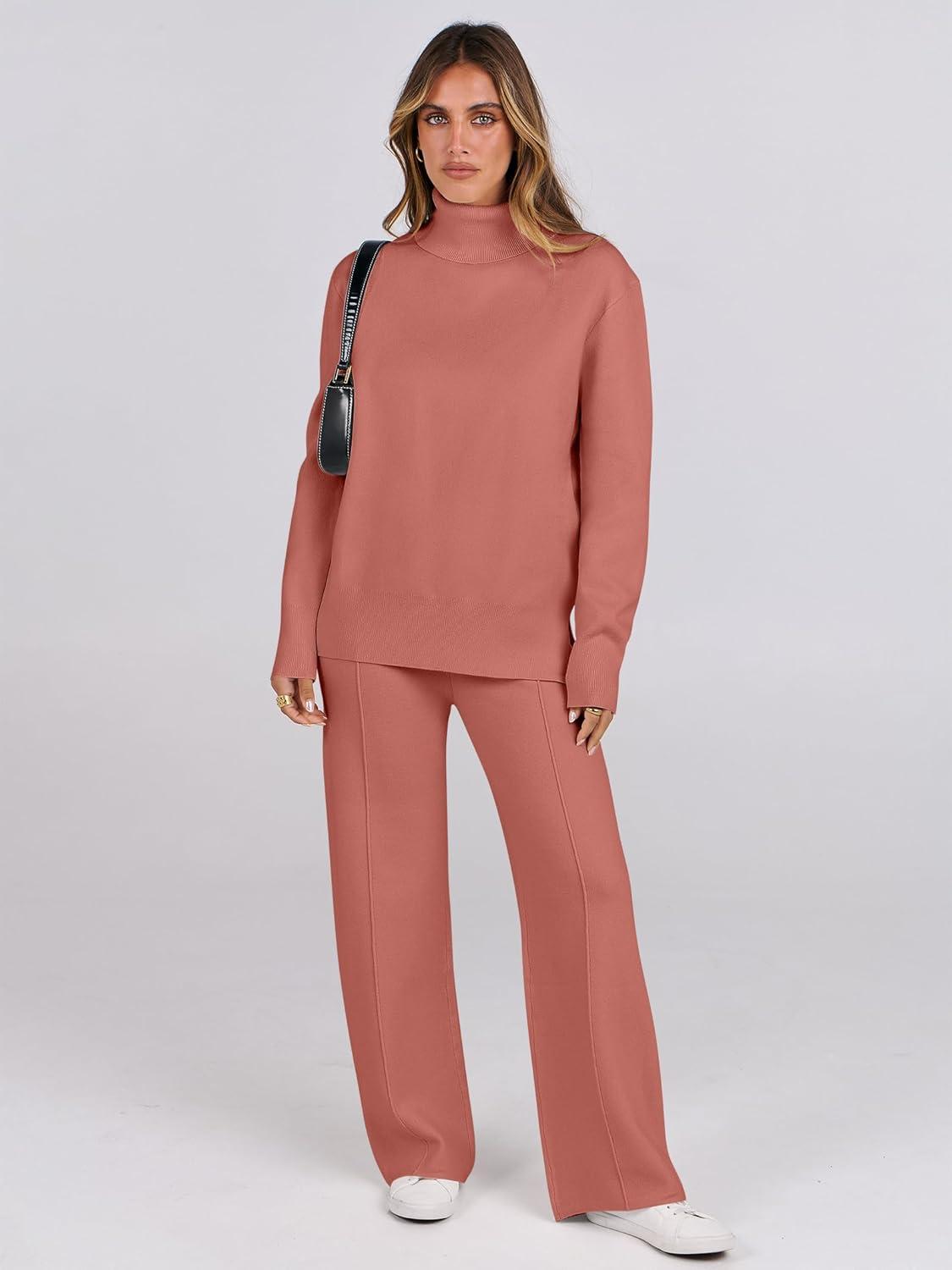 imageANRABESS Womens 2 Piece Outfits Turtleneck Matching Lounge Set Sweater Top Wide Leg Pants Fall Cozy Knit Sweatsuit LoungewearRust