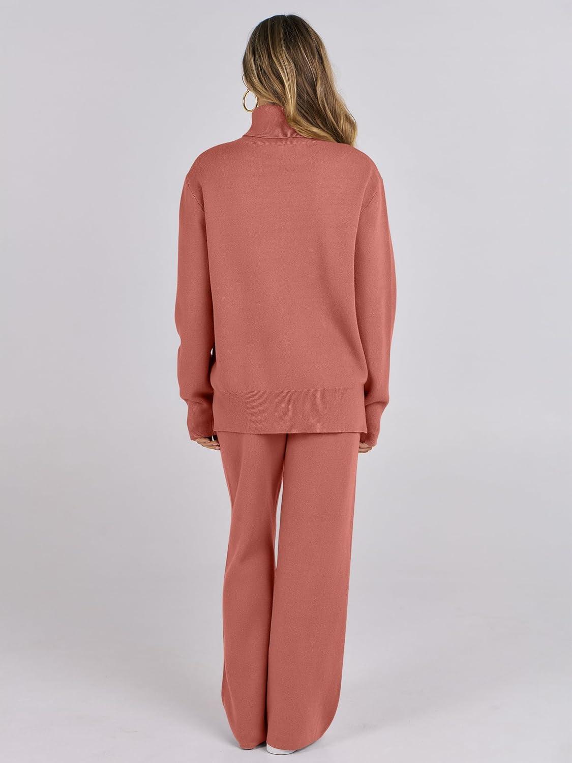imageANRABESS Womens 2 Piece Outfits Turtleneck Matching Lounge Set Sweater Top Wide Leg Pants Fall Cozy Knit Sweatsuit LoungewearRust