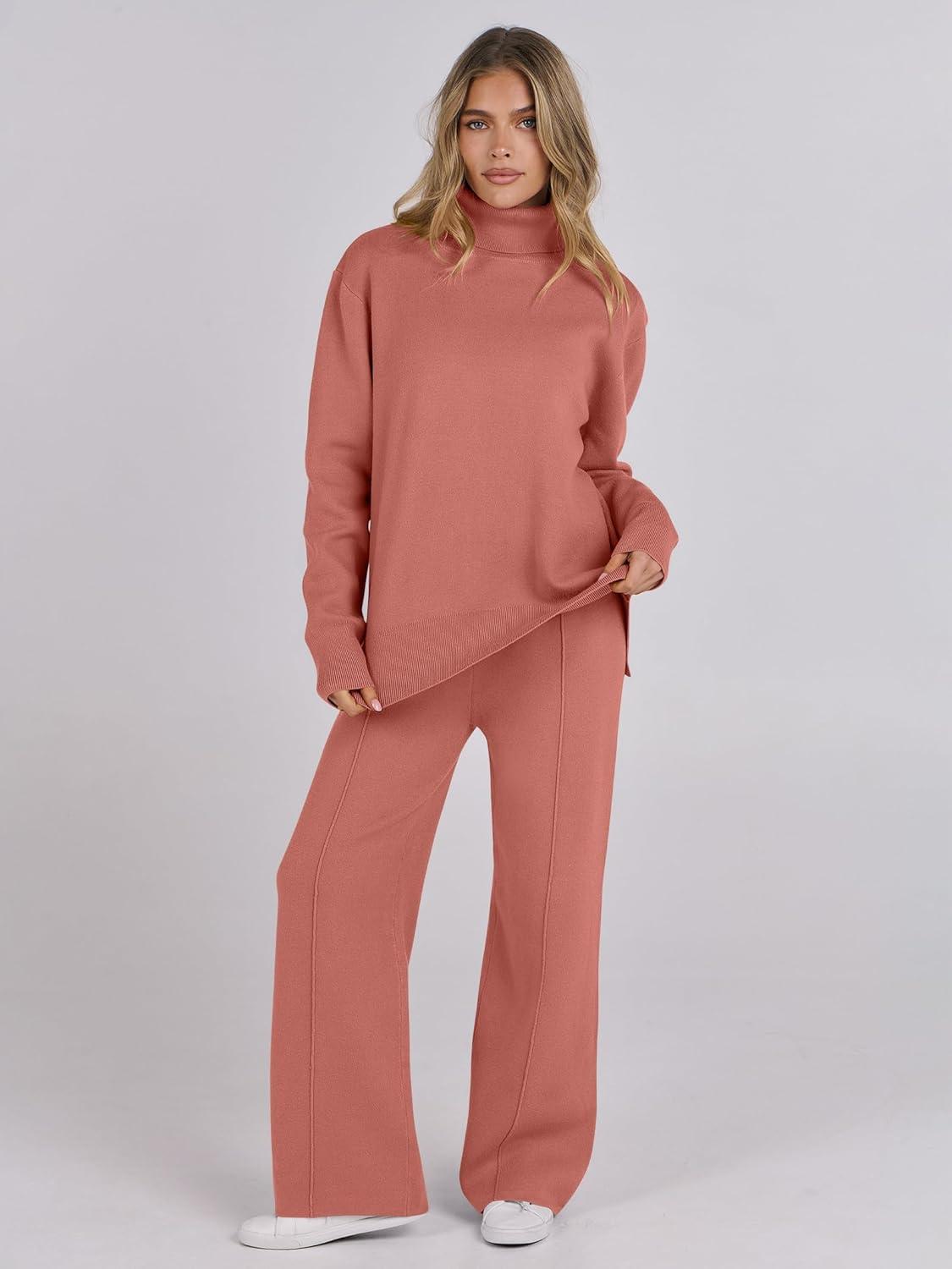 imageANRABESS Womens 2 Piece Outfits Turtleneck Matching Lounge Set Sweater Top Wide Leg Pants Fall Cozy Knit Sweatsuit LoungewearRust