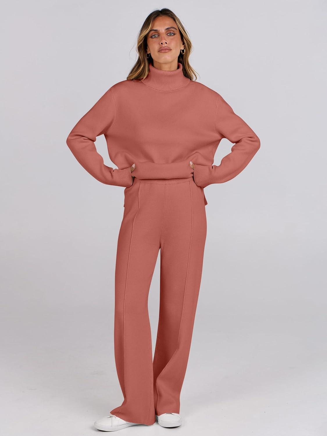 imageANRABESS Womens 2 Piece Outfits Turtleneck Matching Lounge Set Sweater Top Wide Leg Pants Fall Cozy Knit Sweatsuit LoungewearRust