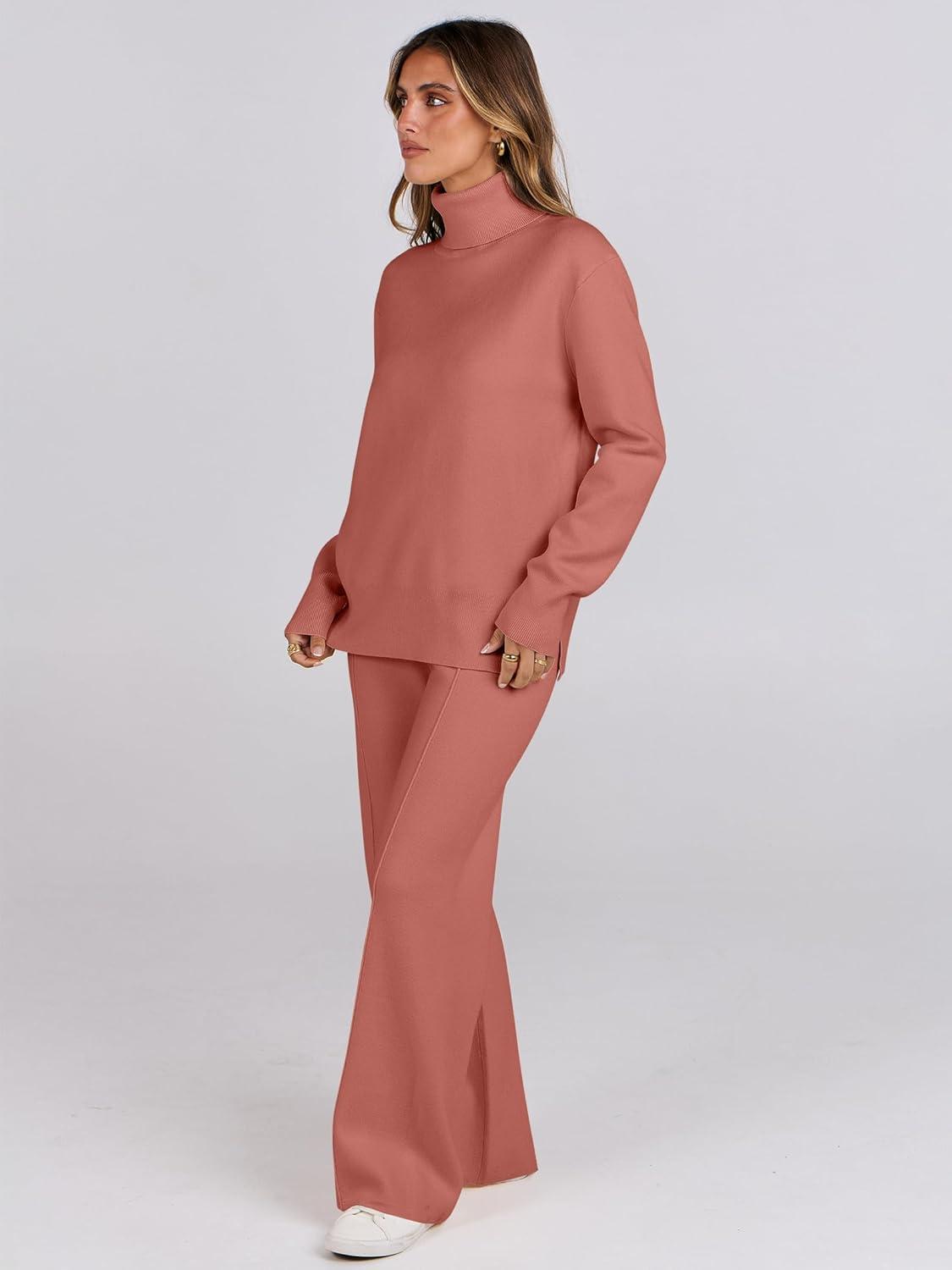 imageANRABESS Womens 2 Piece Outfits Turtleneck Matching Lounge Set Sweater Top Wide Leg Pants Fall Cozy Knit Sweatsuit LoungewearRust