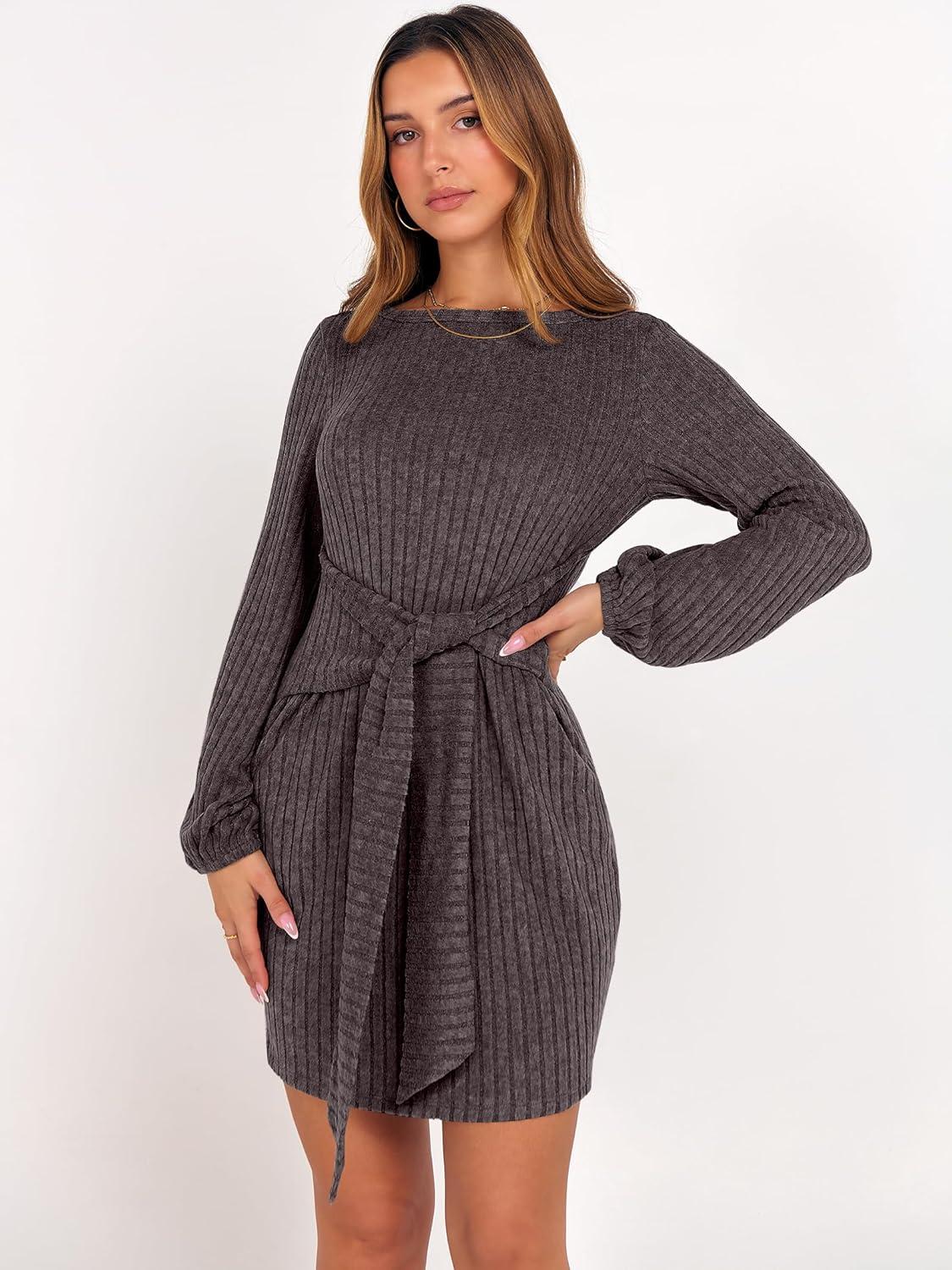 imageANRABESS Womens 2025 Fall Dress Long Lantern Sleeve Ribbed Knit Casual Tie Waist Lightweight Mini Sweater DressChocolate Brown