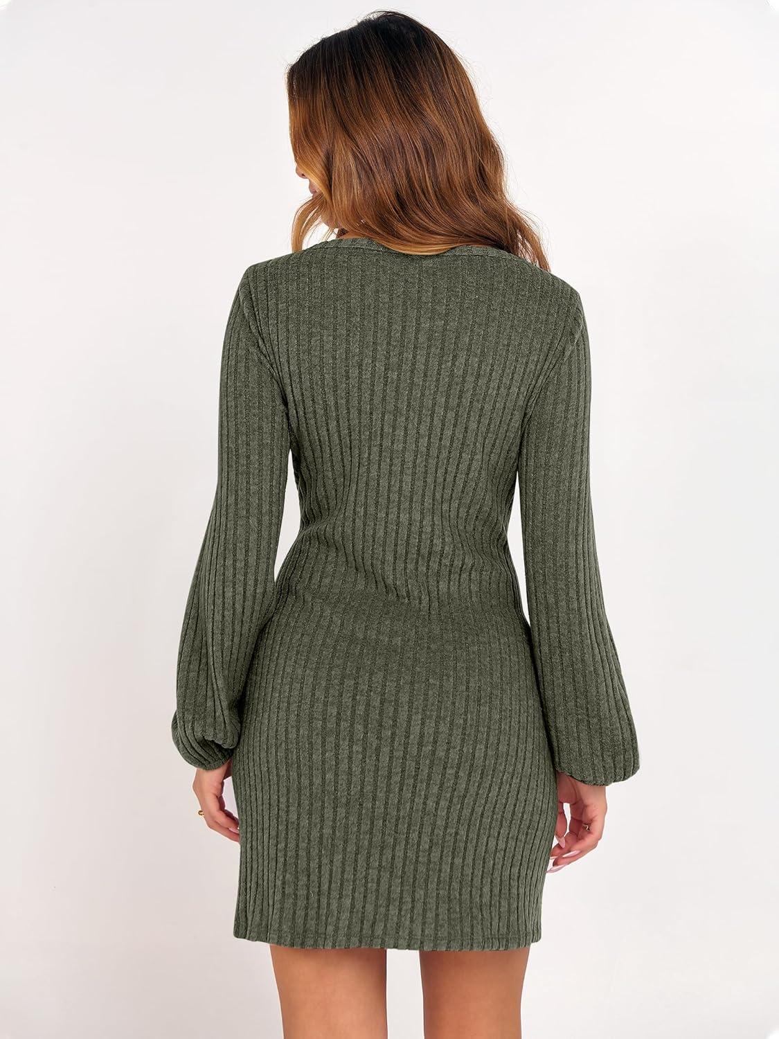 imageANRABESS Womens 2025 Fall Dress Long Lantern Sleeve Ribbed Knit Casual Tie Waist Lightweight Mini Sweater DressDeep Green