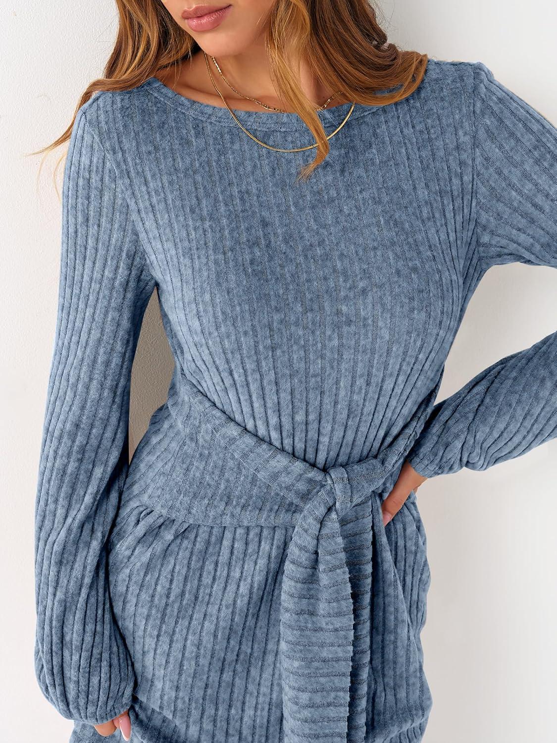 imageANRABESS Womens 2025 Fall Dress Long Lantern Sleeve Ribbed Knit Casual Tie Waist Lightweight Mini Sweater DressGrey Blue
