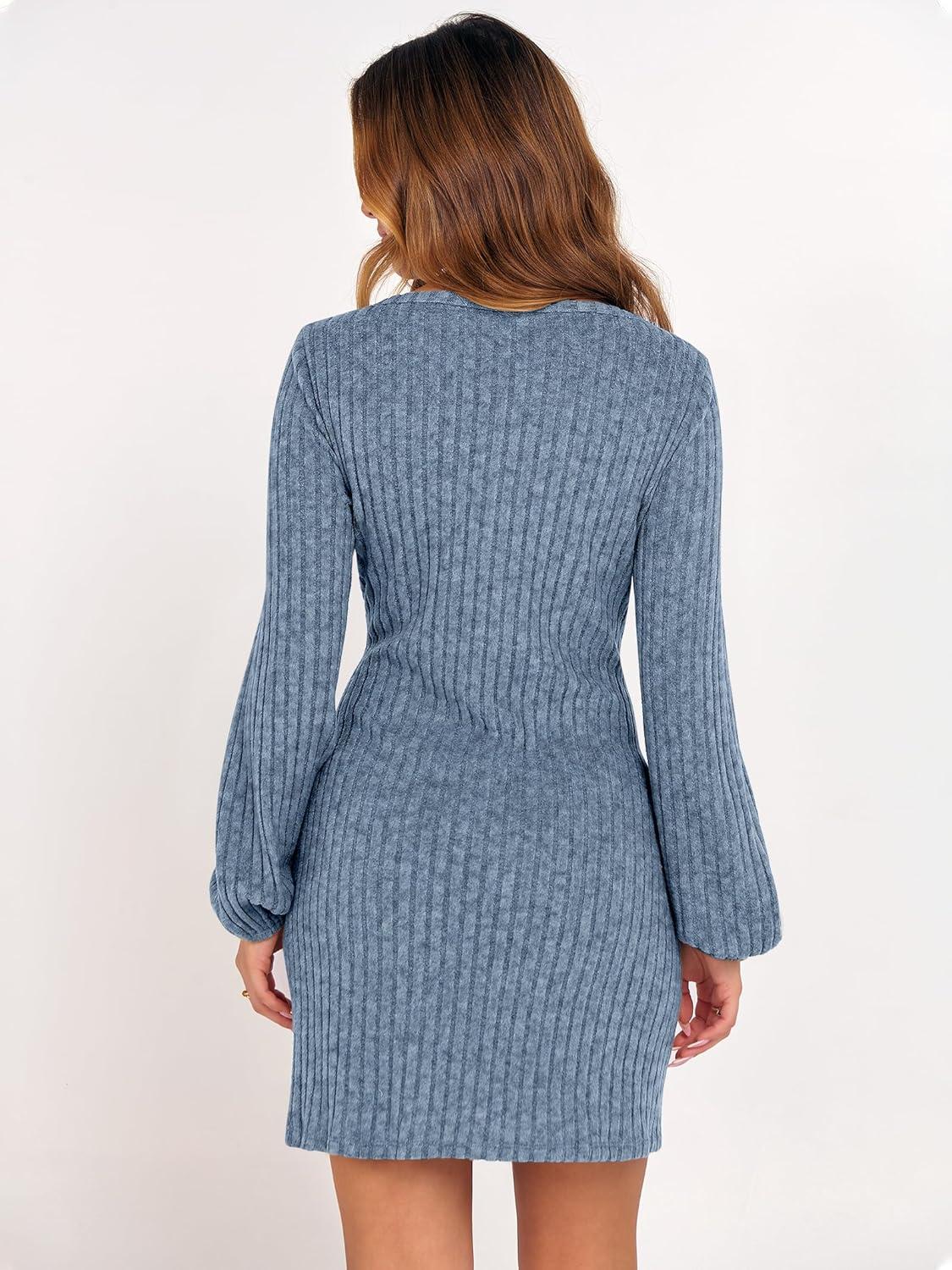 imageANRABESS Womens 2025 Fall Dress Long Lantern Sleeve Ribbed Knit Casual Tie Waist Lightweight Mini Sweater DressGrey Blue
