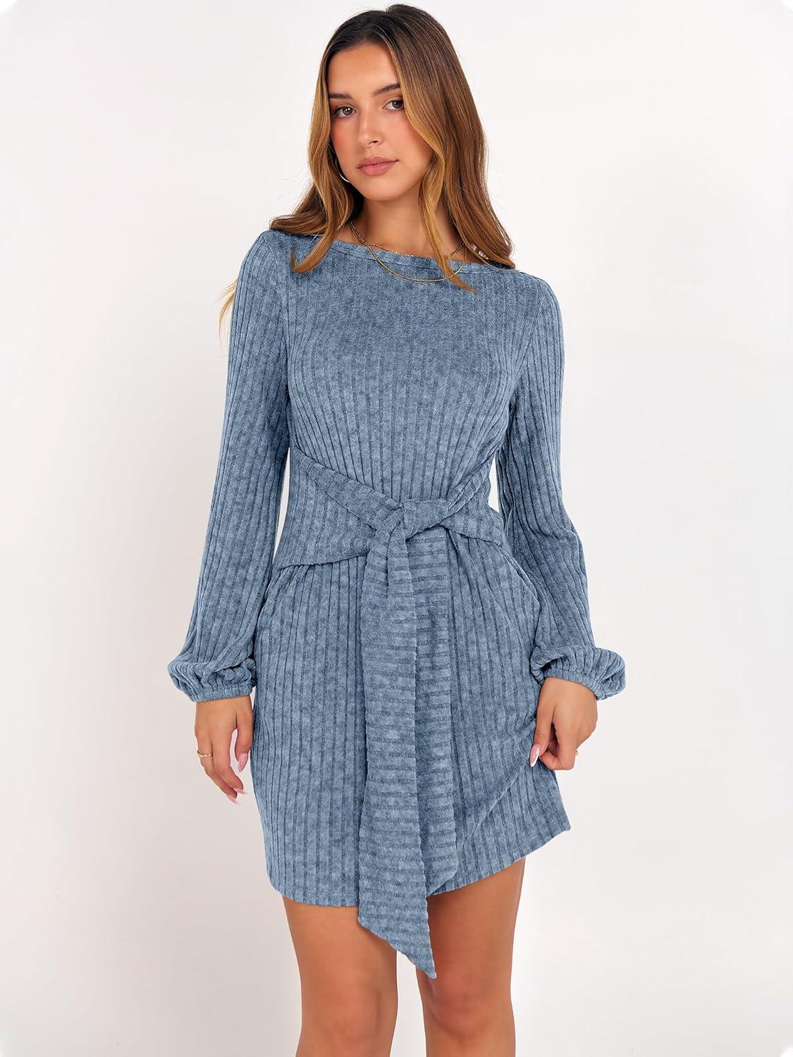 imageANRABESS Womens 2025 Fall Dress Long Lantern Sleeve Ribbed Knit Casual Tie Waist Lightweight Mini Sweater DressGrey Blue