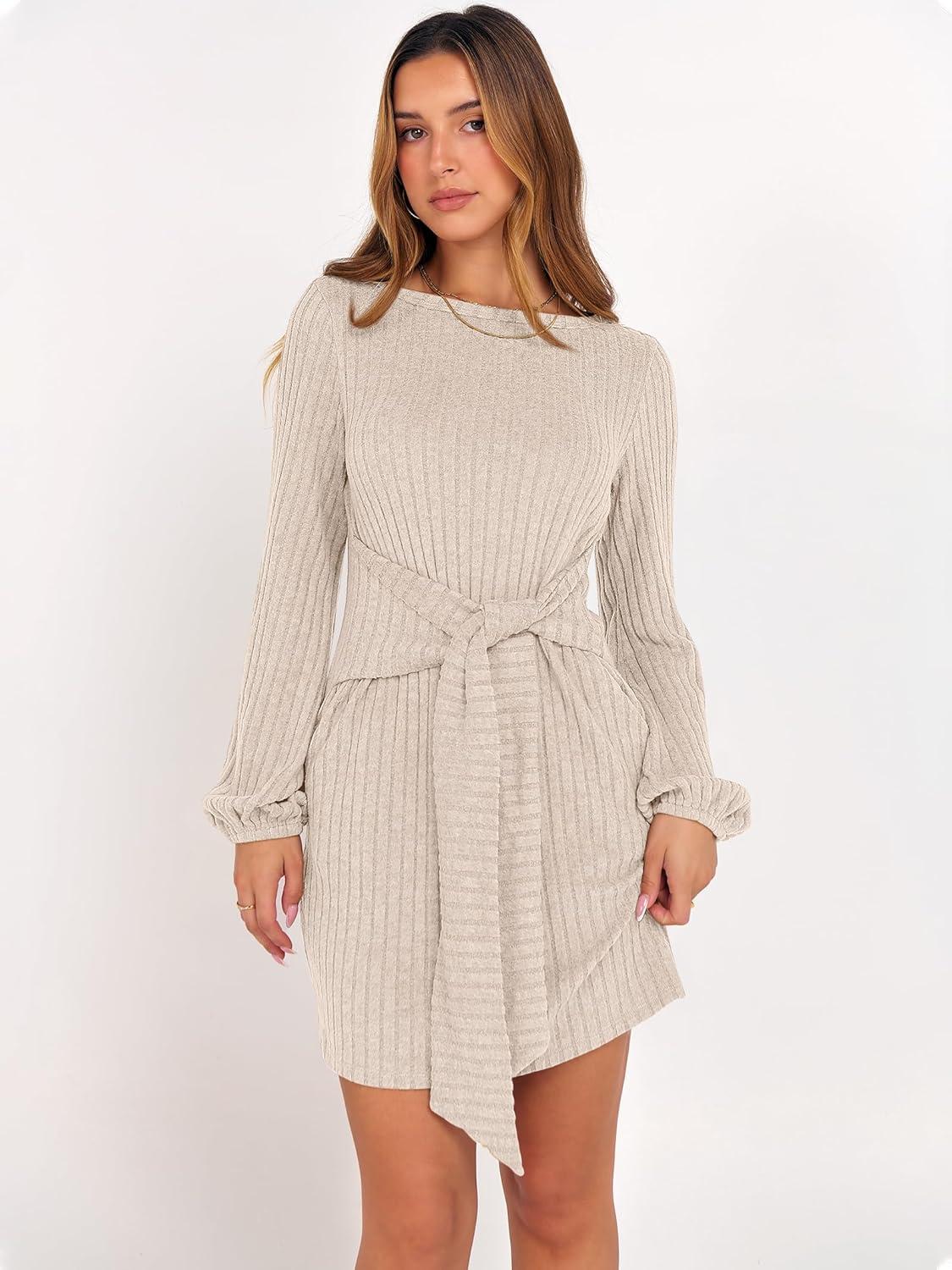 imageANRABESS Womens 2025 Fall Dress Long Lantern Sleeve Ribbed Knit Casual Tie Waist Lightweight Mini Sweater DressLight Khaki