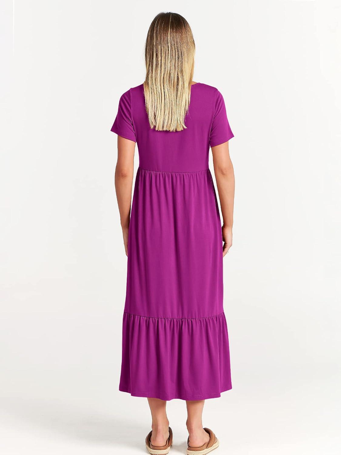 imageANRABESS Womens 2025 Summer Casual Maxi Dress A line Tiered Flowy Short Sleeve Crewneck T Shirt Beach Travel Long DressesFuchsia