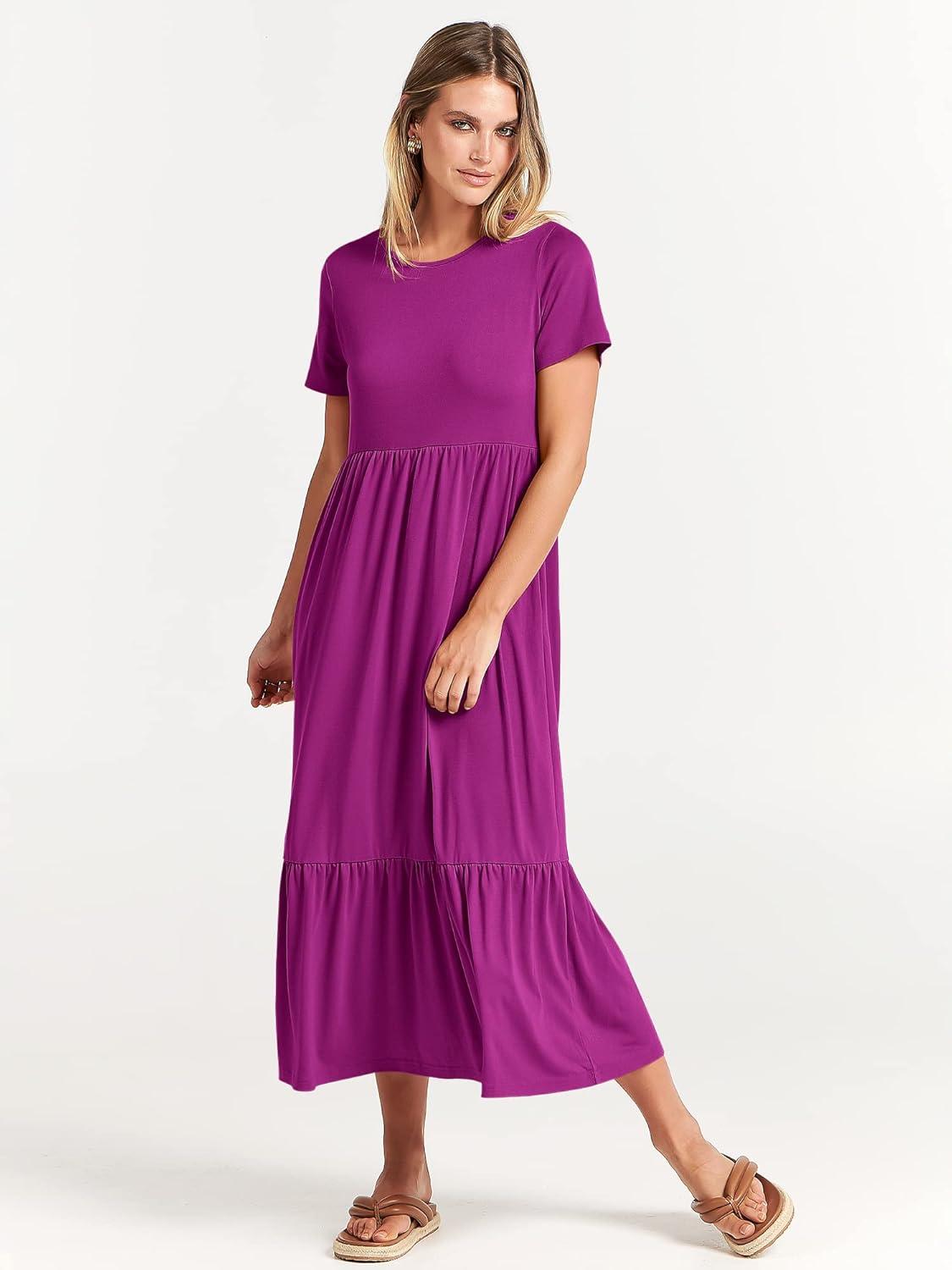 imageANRABESS Womens 2025 Summer Casual Maxi Dress A line Tiered Flowy Short Sleeve Crewneck T Shirt Beach Travel Long DressesFuchsia