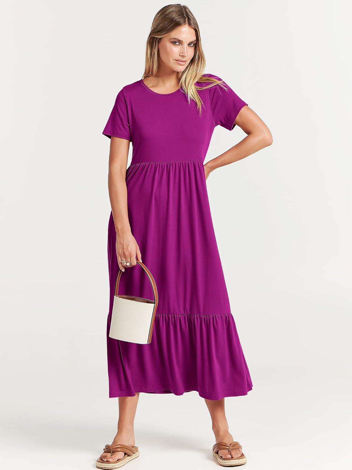 imageANRABESS Womens 2025 Summer Casual Maxi Dress A line Tiered Flowy Short Sleeve Crewneck T Shirt Beach Travel Long DressesFuchsia