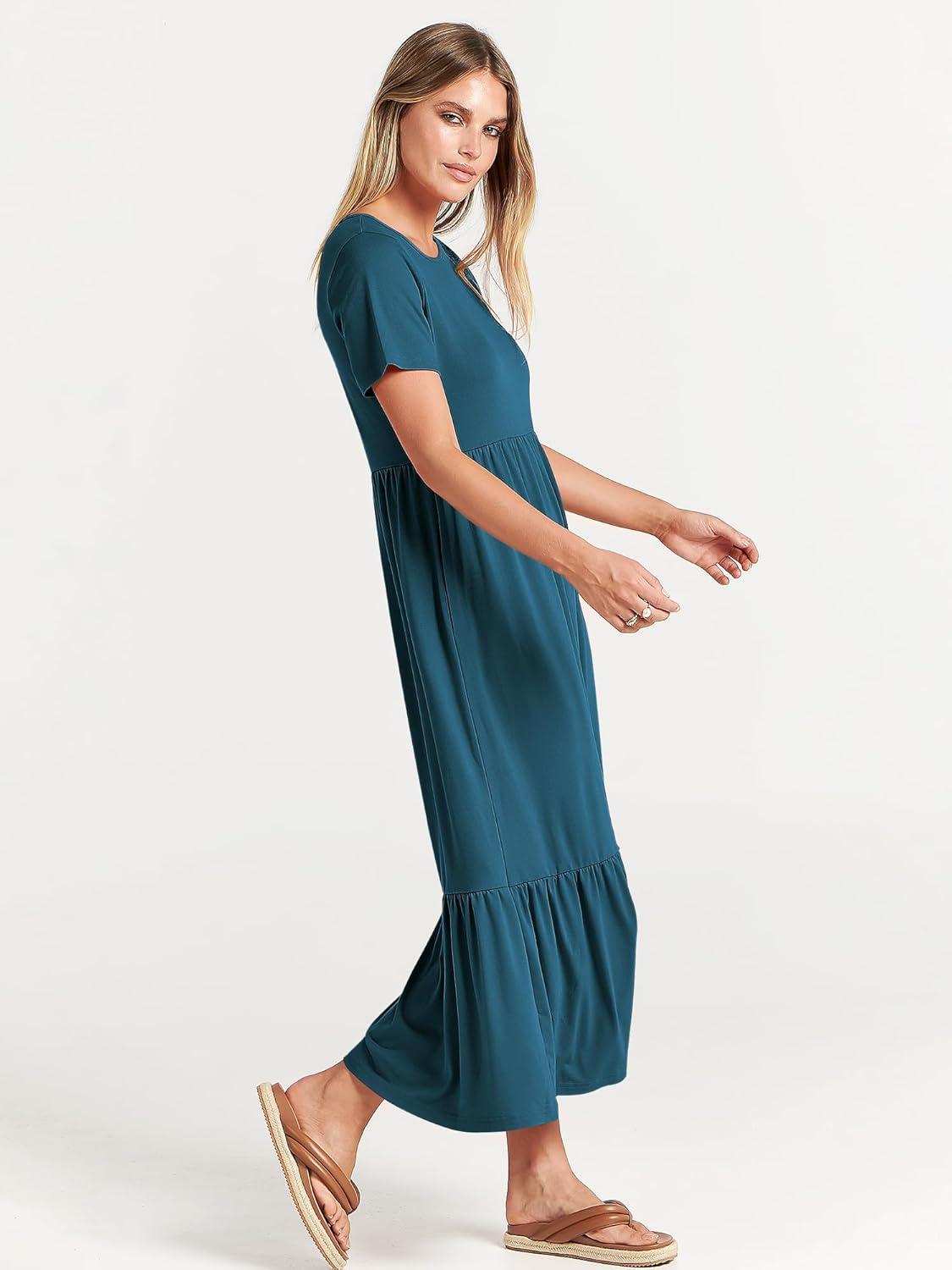 imageANRABESS Womens 2025 Summer Casual Maxi Dress A line Tiered Flowy Short Sleeve Crewneck T Shirt Beach Travel Long DressesTeal Blue