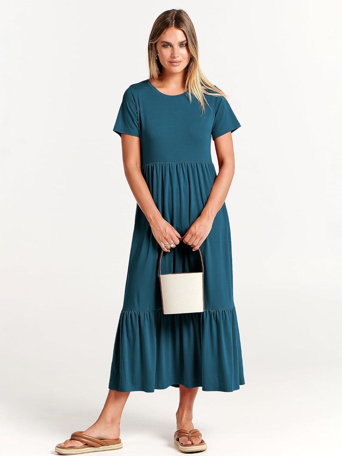 imageANRABESS Womens 2025 Summer Casual Maxi Dress A line Tiered Flowy Short Sleeve Crewneck T Shirt Beach Travel Long DressesTeal Blue