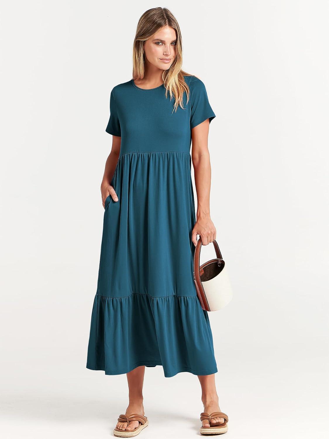 imageANRABESS Womens 2025 Summer Casual Maxi Dress A line Tiered Flowy Short Sleeve Crewneck T Shirt Beach Travel Long DressesTeal Blue