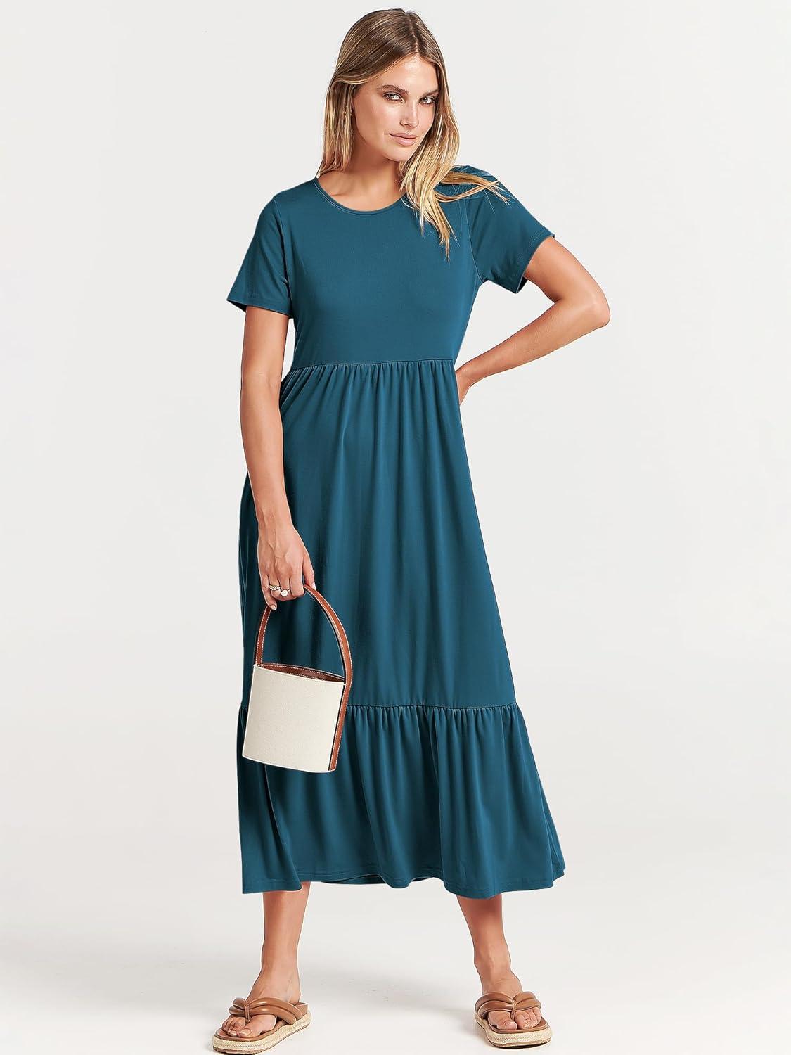 imageANRABESS Womens 2025 Summer Casual Maxi Dress A line Tiered Flowy Short Sleeve Crewneck T Shirt Beach Travel Long DressesTeal Blue