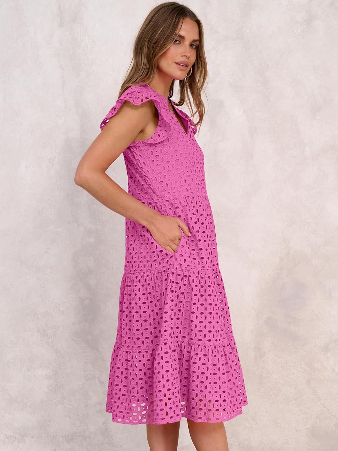imageANRABESS Womens 2025 Summer Midi Dress Hollow Out Eyelet Ruffle Sleeve V Neck Casual Flowy Tiered Beach Vacation SundressHot Pink
