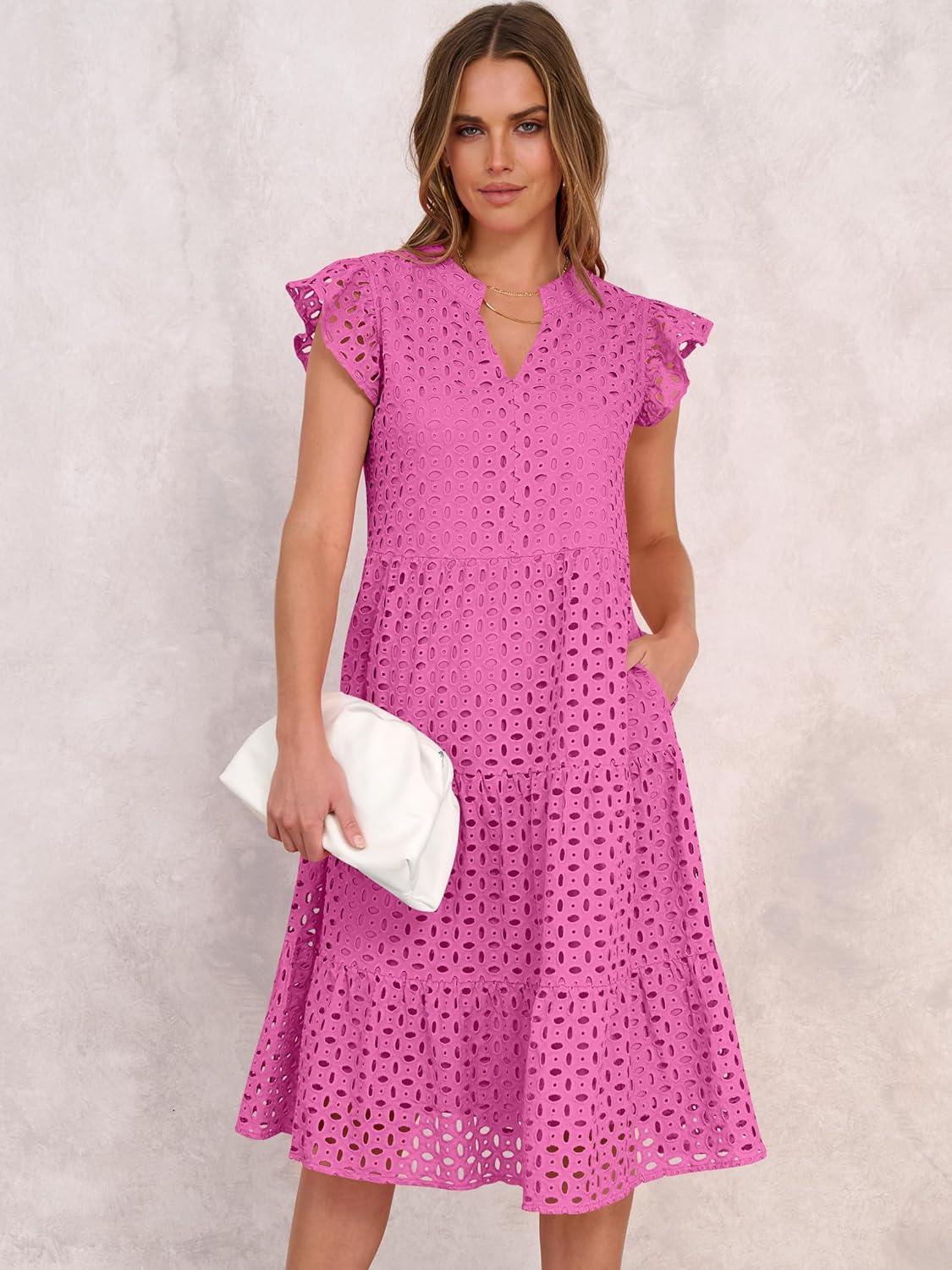 imageANRABESS Womens 2025 Summer Midi Dress Hollow Out Eyelet Ruffle Sleeve V Neck Casual Flowy Tiered Beach Vacation SundressHot Pink