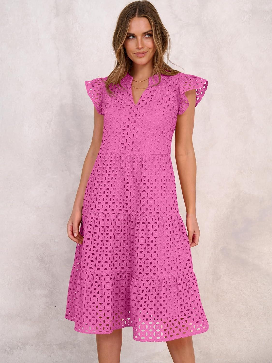 imageANRABESS Womens 2025 Summer Midi Dress Hollow Out Eyelet Ruffle Sleeve V Neck Casual Flowy Tiered Beach Vacation SundressHot Pink