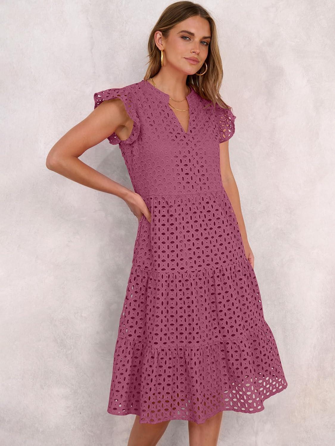 imageANRABESS Womens 2025 Summer Midi Dress Hollow Out Eyelet Ruffle Sleeve V Neck Casual Flowy Tiered Beach Vacation SundressWine Red