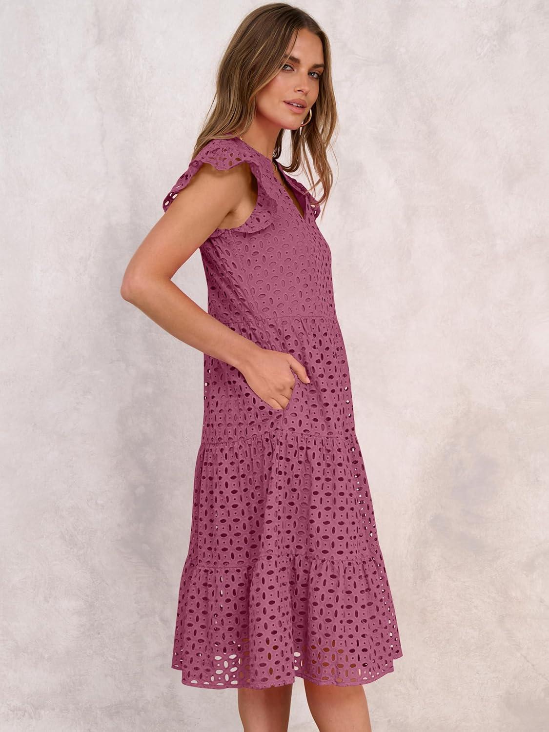 imageANRABESS Womens 2025 Summer Midi Dress Hollow Out Eyelet Ruffle Sleeve V Neck Casual Flowy Tiered Beach Vacation SundressWine Red