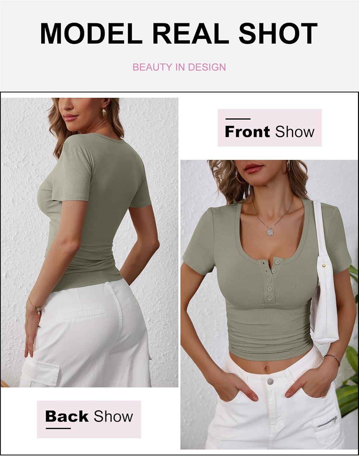 imageANRABESS Womens 2025 Summer Short Sleeve Tops Ribbed Knit Henley Button Up Slim Fit Basic Casual T Shirts Blouse Fall OutfitsArmy Green