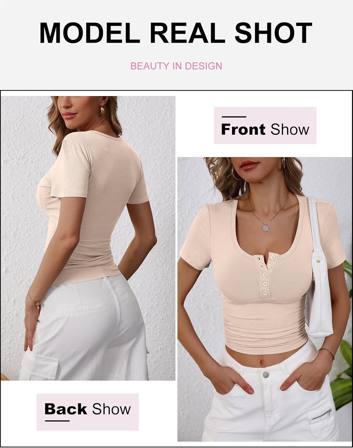 imageANRABESS Womens 2025 Summer Short Sleeve Tops Ribbed Knit Henley Button Up Slim Fit Basic Casual T Shirts Blouse Fall OutfitsBeige