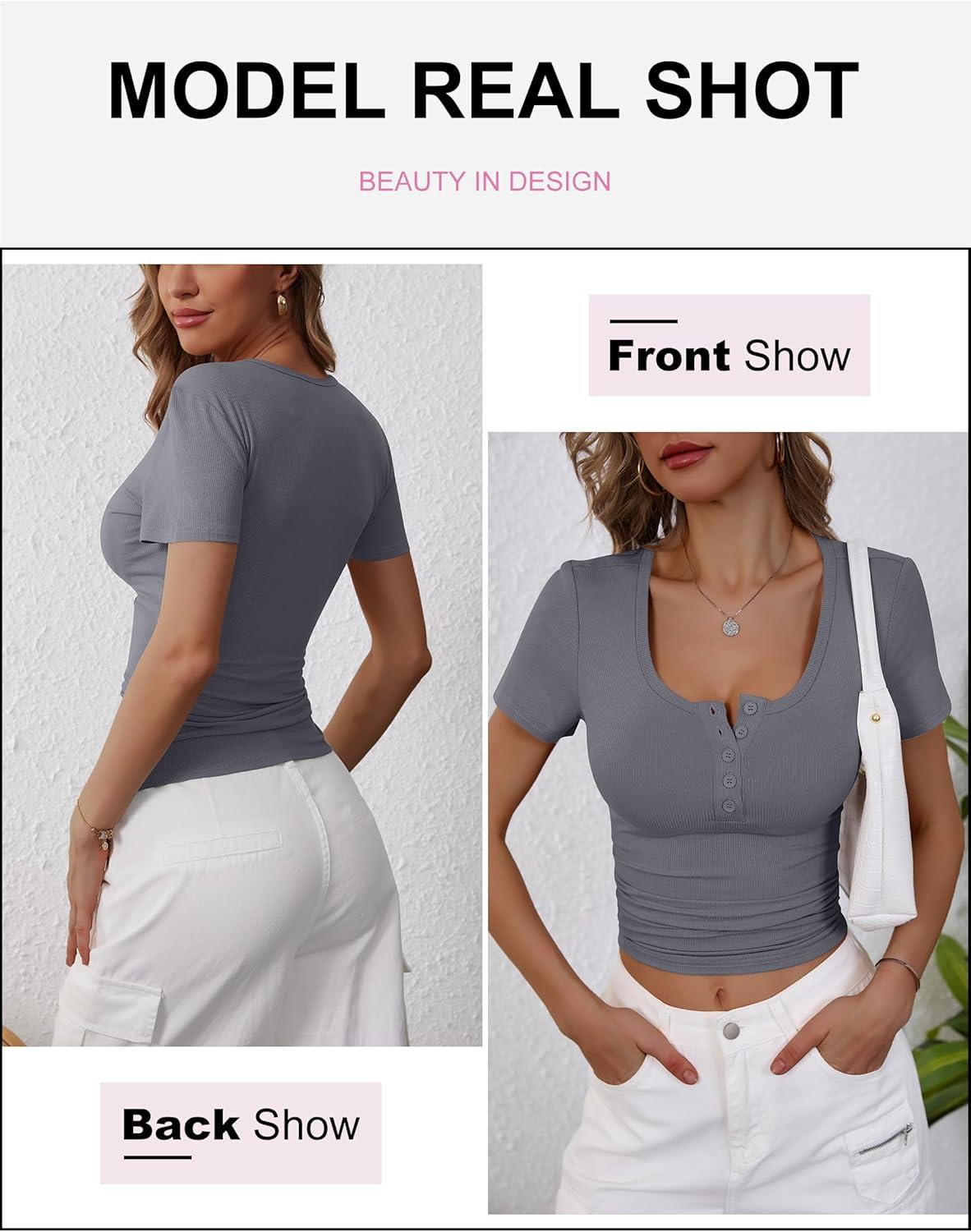 imageANRABESS Womens 2025 Summer Short Sleeve Tops Ribbed Knit Henley Button Up Slim Fit Basic Casual T Shirts Blouse Fall OutfitsBlack Grey