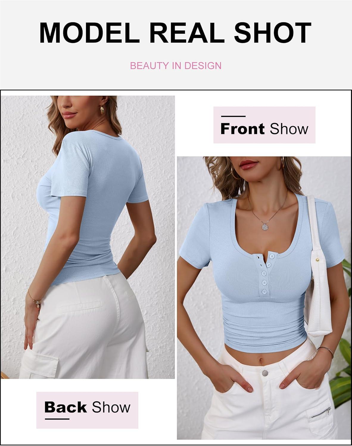 imageANRABESS Womens 2025 Summer Short Sleeve Tops Ribbed Knit Henley Button Up Slim Fit Basic Casual T Shirts Blouse Fall OutfitsBlue