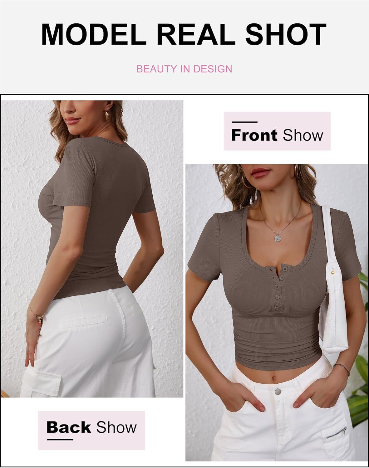 imageANRABESS Womens 2025 Summer Short Sleeve Tops Ribbed Knit Henley Button Up Slim Fit Basic Casual T Shirts Blouse Fall OutfitsBrown