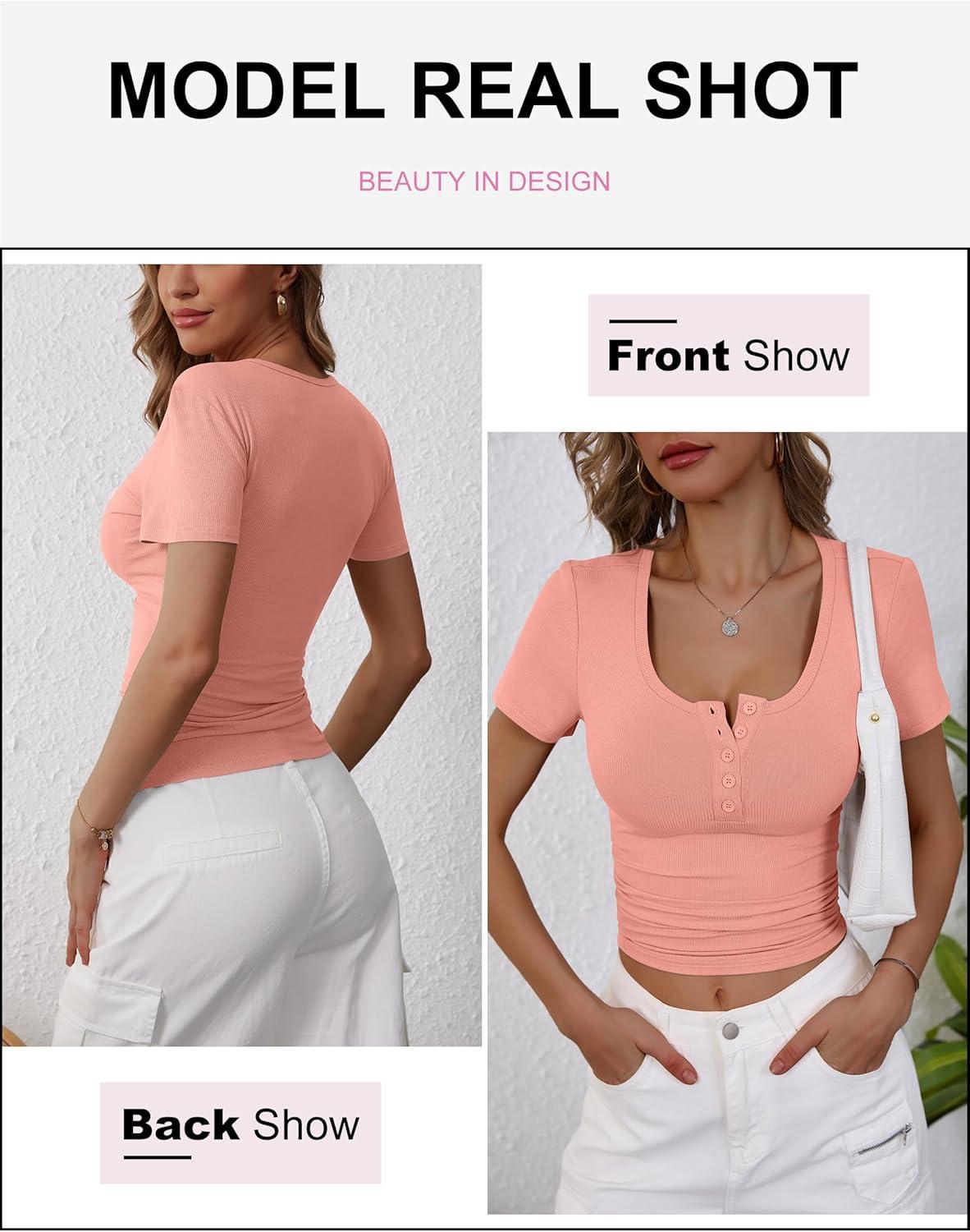 imageANRABESS Womens 2025 Summer Short Sleeve Tops Ribbed Knit Henley Button Up Slim Fit Basic Casual T Shirts Blouse Fall OutfitsCoral