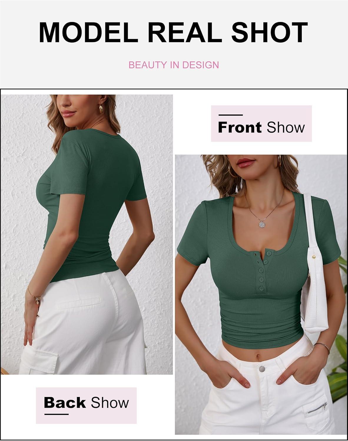 imageANRABESS Womens 2025 Summer Short Sleeve Tops Ribbed Knit Henley Button Up Slim Fit Basic Casual T Shirts Blouse Fall OutfitsForest Green