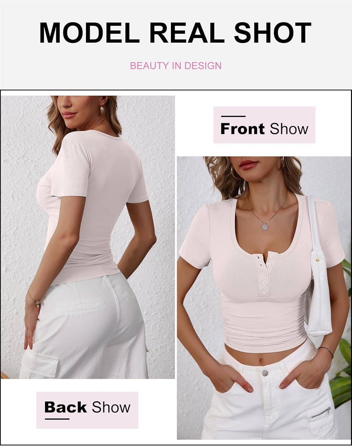 imageANRABESS Womens 2025 Summer Short Sleeve Tops Ribbed Knit Henley Button Up Slim Fit Basic Casual T Shirts Blouse Fall OutfitsLight Beige