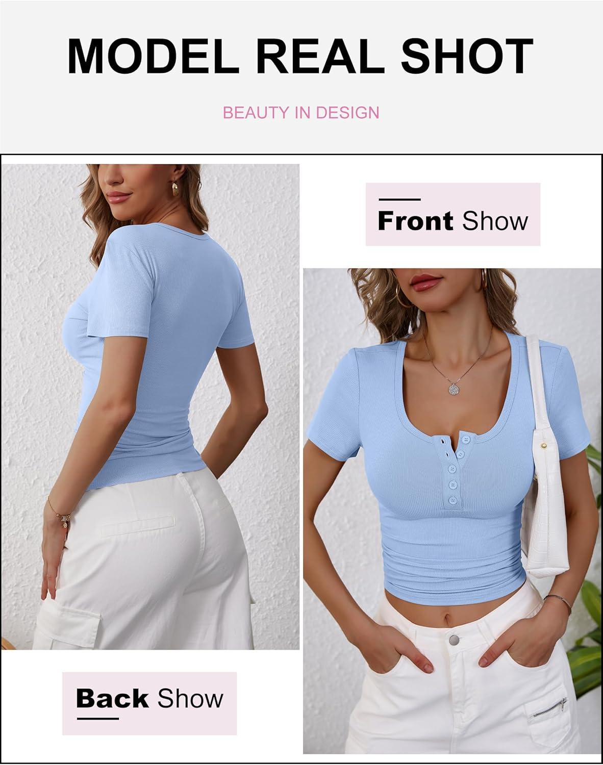 imageANRABESS Womens 2025 Summer Short Sleeve Tops Ribbed Knit Henley Button Up Slim Fit Basic Casual T Shirts Blouse Fall OutfitsLight Blue