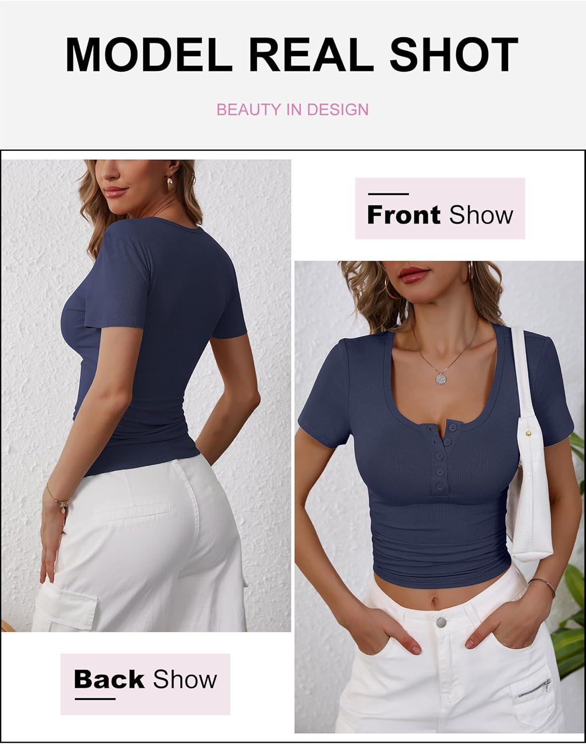 imageANRABESS Womens 2025 Summer Short Sleeve Tops Ribbed Knit Henley Button Up Slim Fit Basic Casual T Shirts Blouse Fall OutfitsNavy Blue