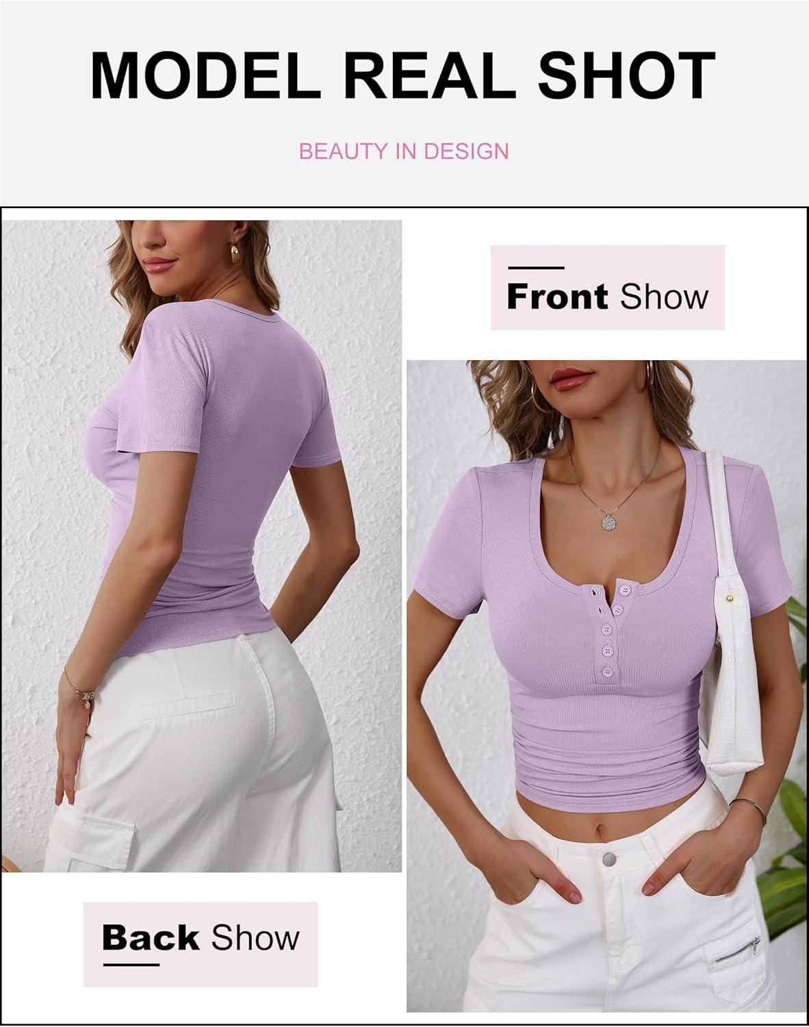 imageANRABESS Womens 2025 Summer Short Sleeve Tops Ribbed Knit Henley Button Up Slim Fit Basic Casual T Shirts Blouse Fall OutfitsPurple