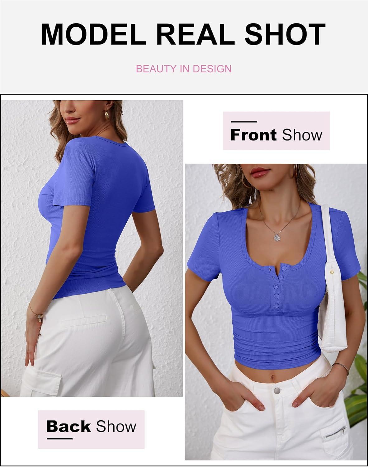 imageANRABESS Womens 2025 Summer Short Sleeve Tops Ribbed Knit Henley Button Up Slim Fit Basic Casual T Shirts Blouse Fall OutfitsRoyal Blue