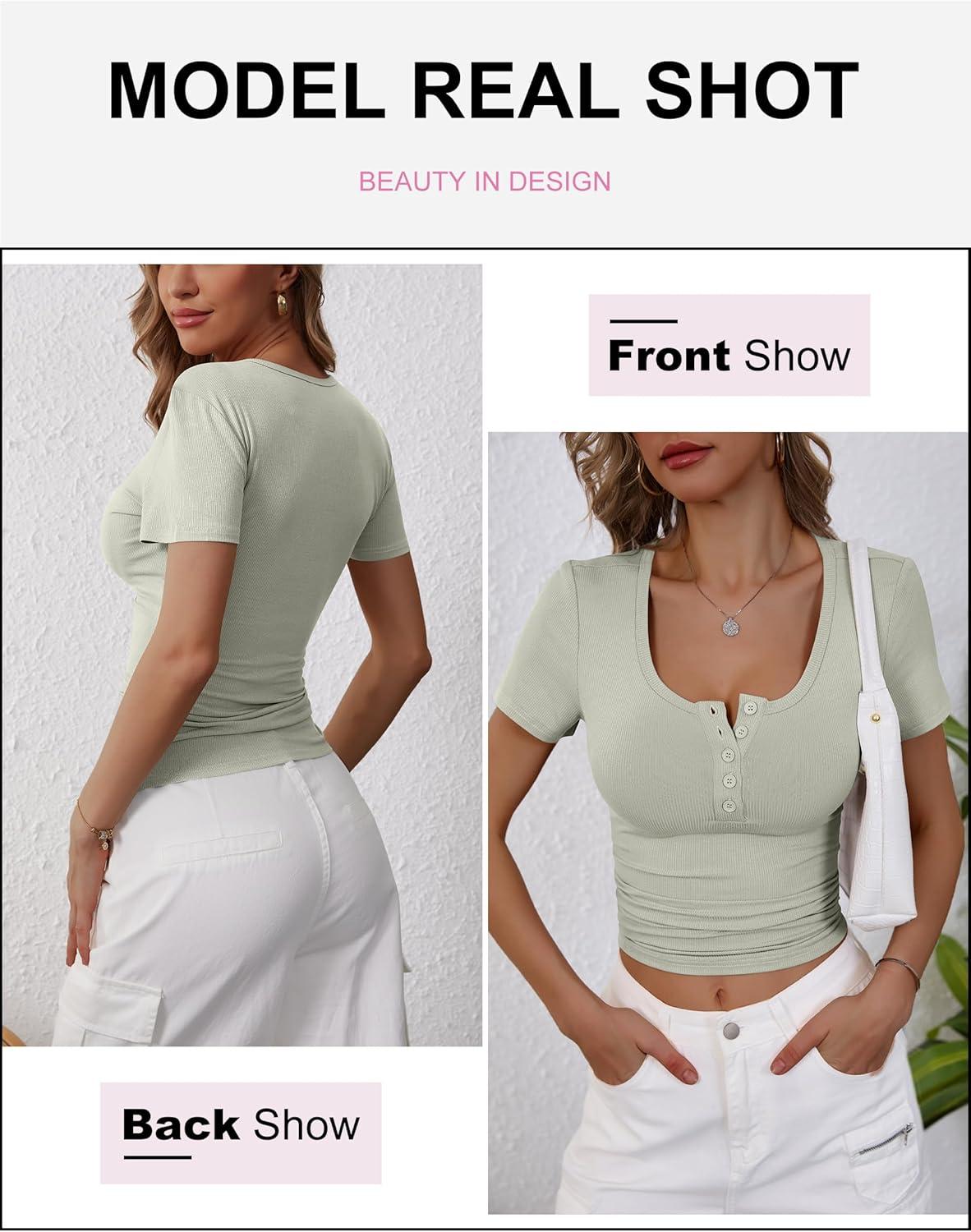 imageANRABESS Womens 2025 Summer Short Sleeve Tops Ribbed Knit Henley Button Up Slim Fit Basic Casual T Shirts Blouse Fall OutfitsSage Green