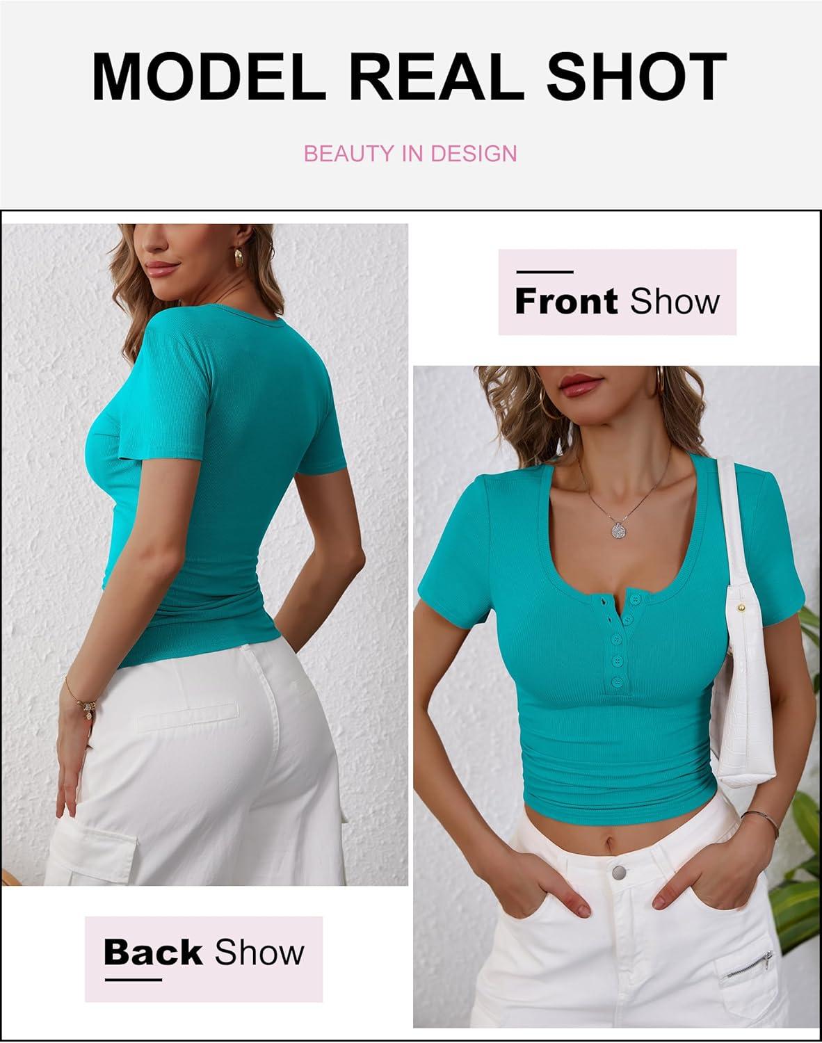 imageANRABESS Womens 2025 Summer Short Sleeve Tops Ribbed Knit Henley Button Up Slim Fit Basic Casual T Shirts Blouse Fall OutfitsTeal