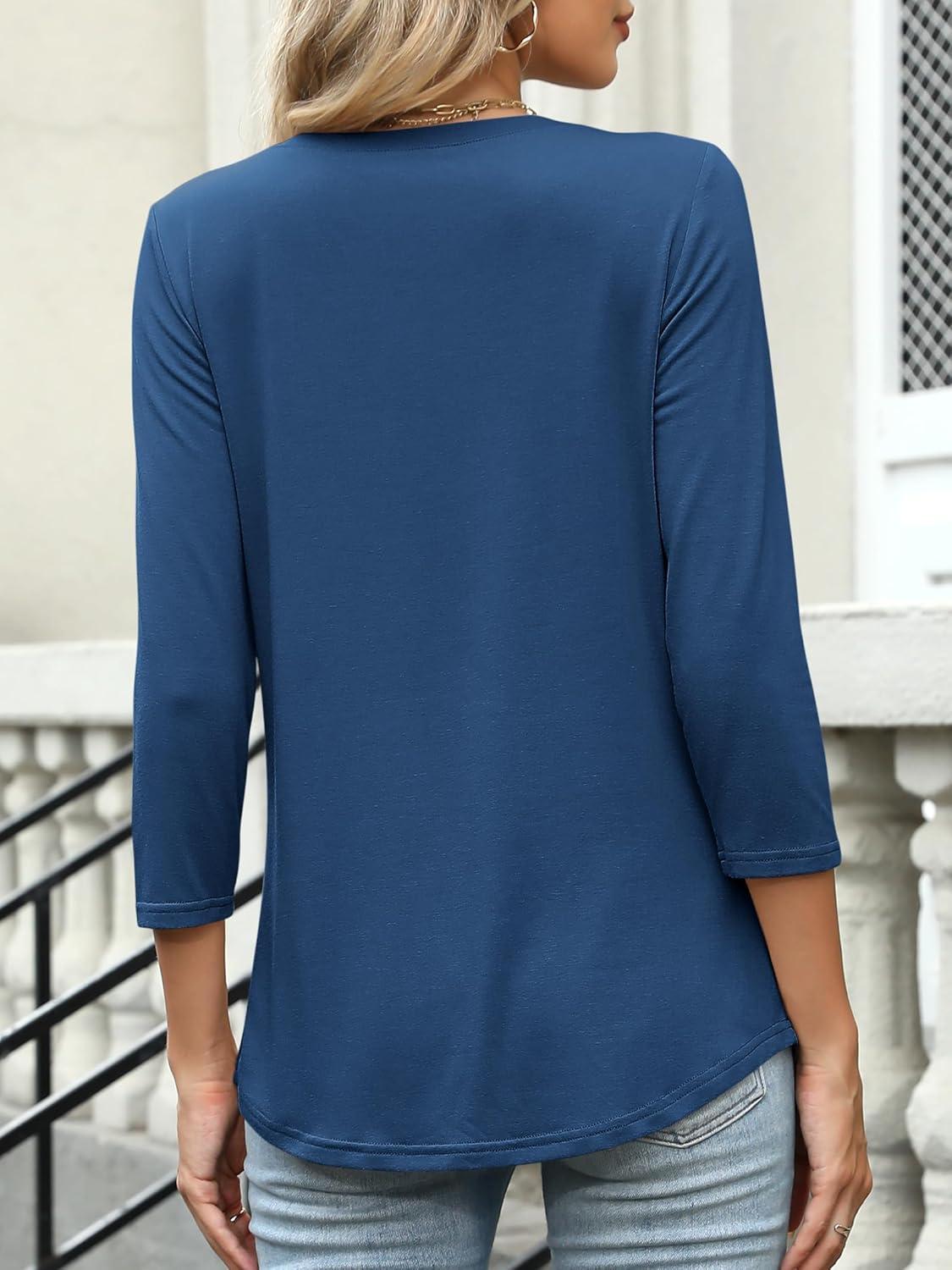 imageANRABESS Womens 34 Length Sleeve Top V Neck Summer TShirts Basic Tee 2025 Fall Casual Loose Fit Tunic Shirts Work BlouseDark Blue