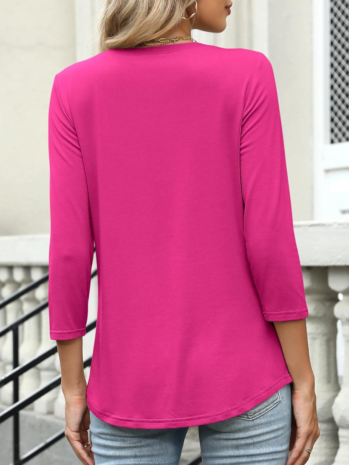 imageANRABESS Womens 34 Length Sleeve Top V Neck Summer TShirts Basic Tee 2025 Fall Casual Loose Fit Tunic Shirts Work BlouseHot Pink