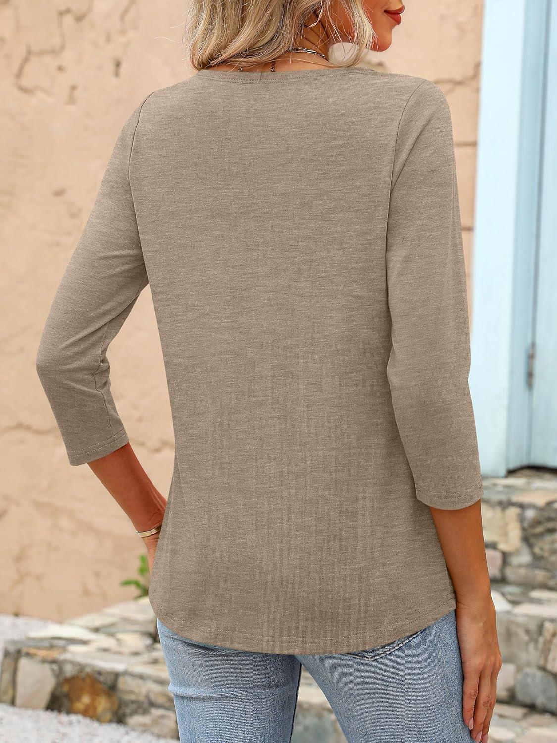 imageANRABESS Womens 34 Length Sleeve Tops 2025 Summer Tee TShirts Boat Neck Tunic Travel Basic Blouses Fall Fashion ClothesLight Tan