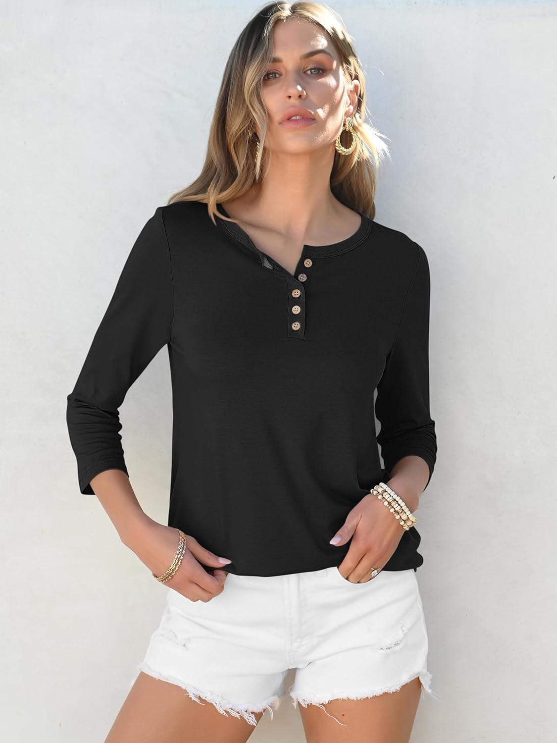 imageANRABESS Womens 34 Sleeve Tops Henley Shirts Casual Trendy Button T Shirts 2025 Summer Basic TunicBlack